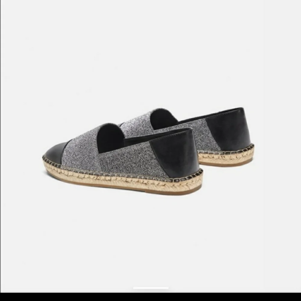 Zara Basic Collection Metallic Faux Leather Cap Toe Espadrills Silver Glitter 35
